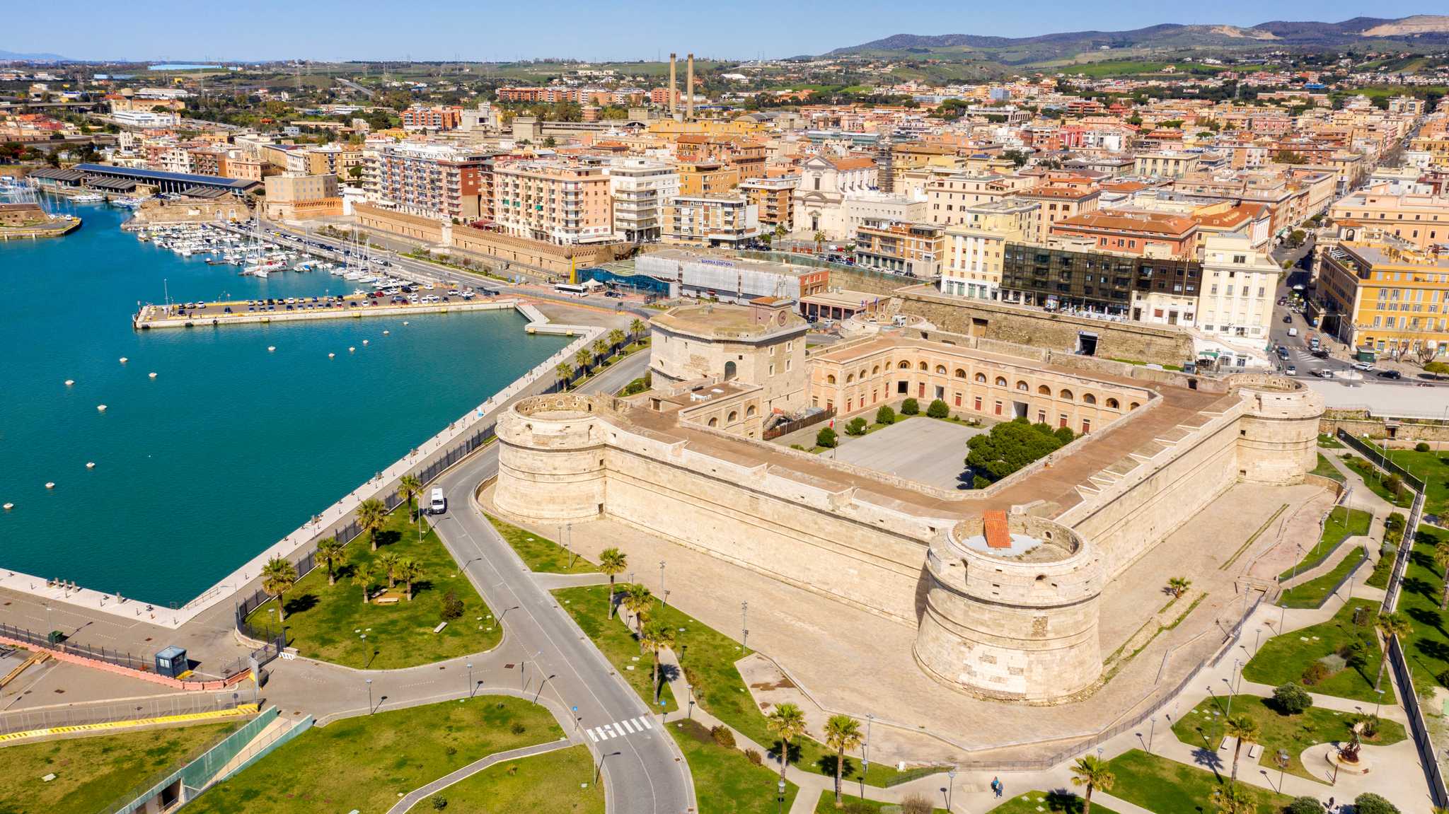 Aerial view of Civitavecchia's fortress beside the marina and harbor.
