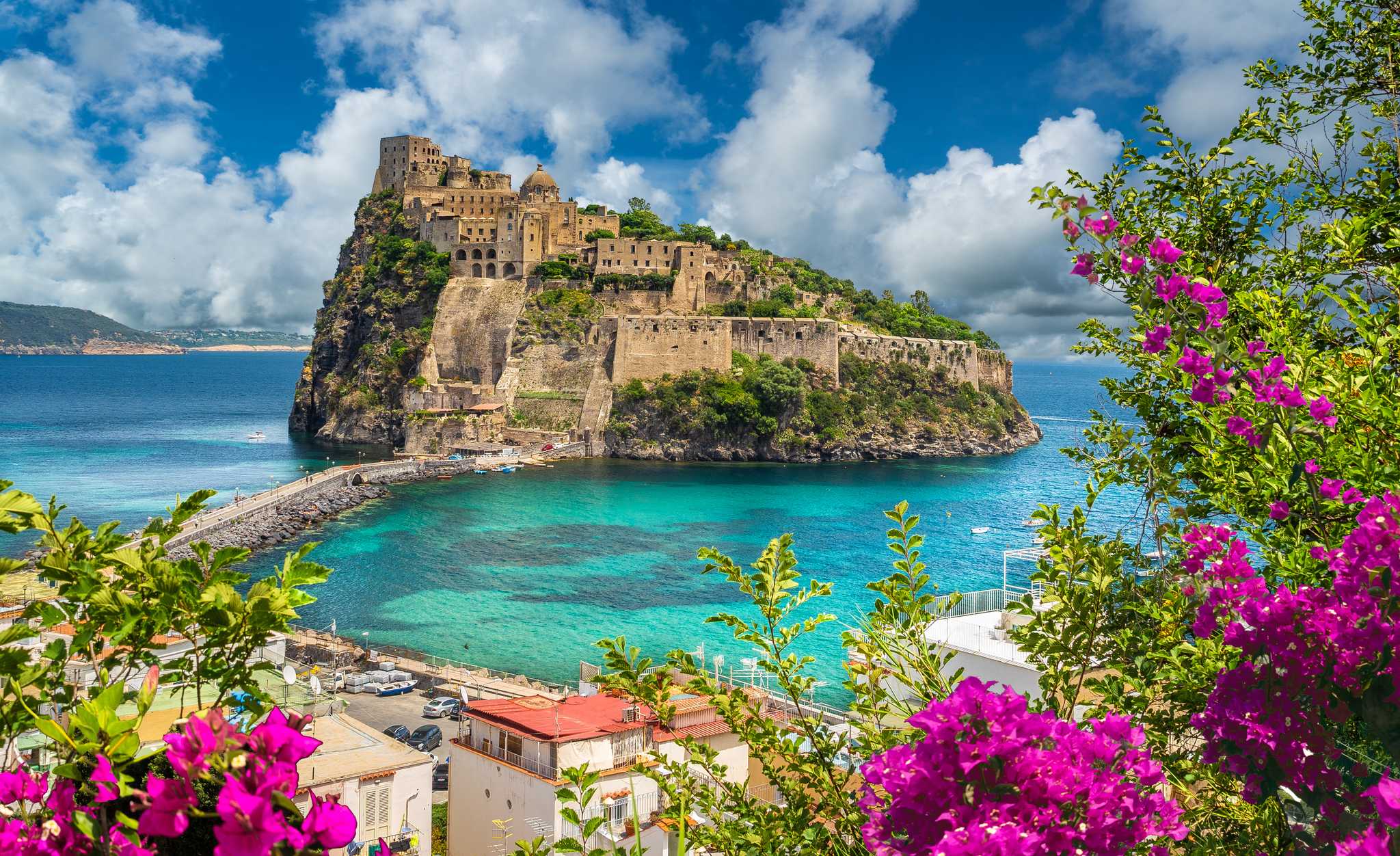 Aragonese Castle on Ischia, a fortress on a rocky islet above turquoise water, framed by pink flowers.