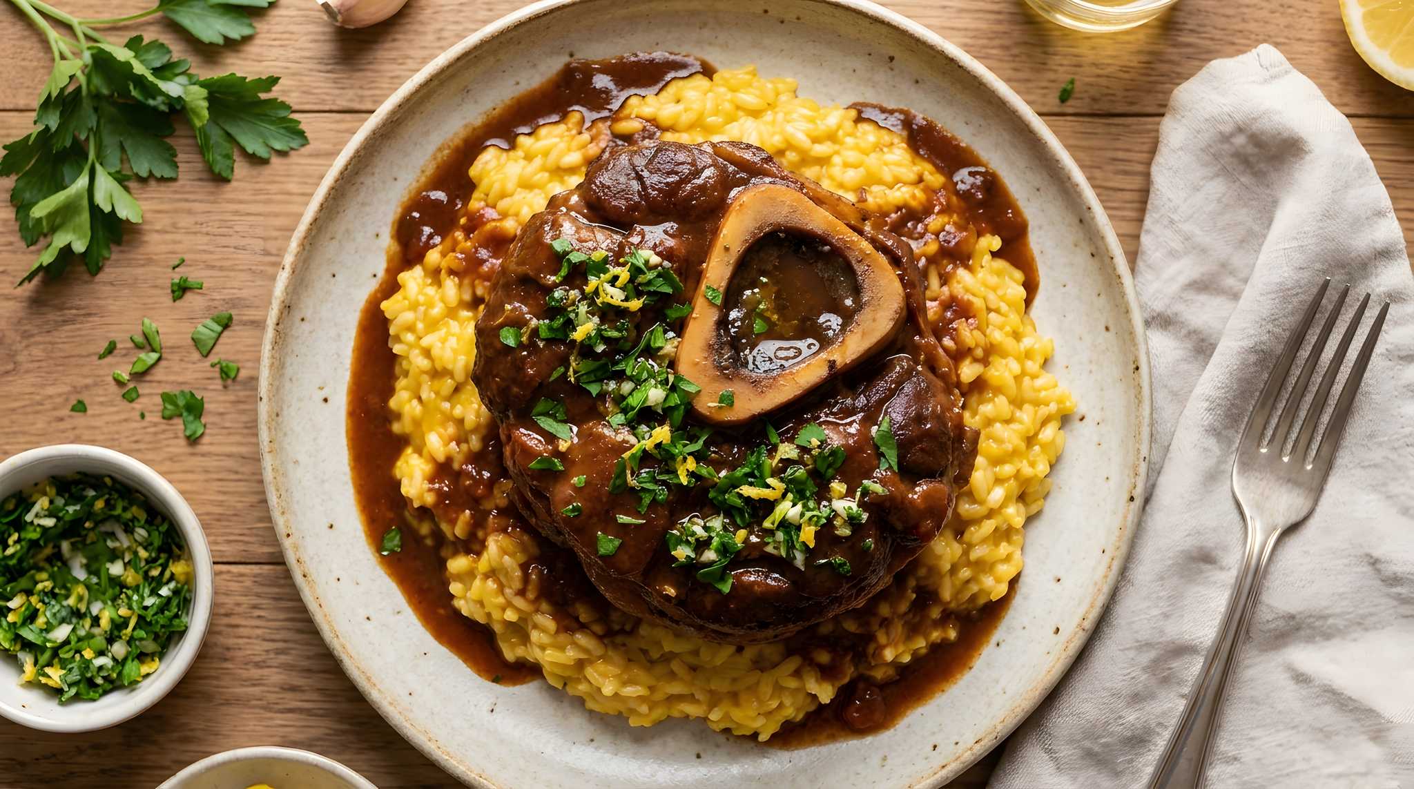 Veal shank served on a bed of rice and sauce on a white plate on a wooden table.