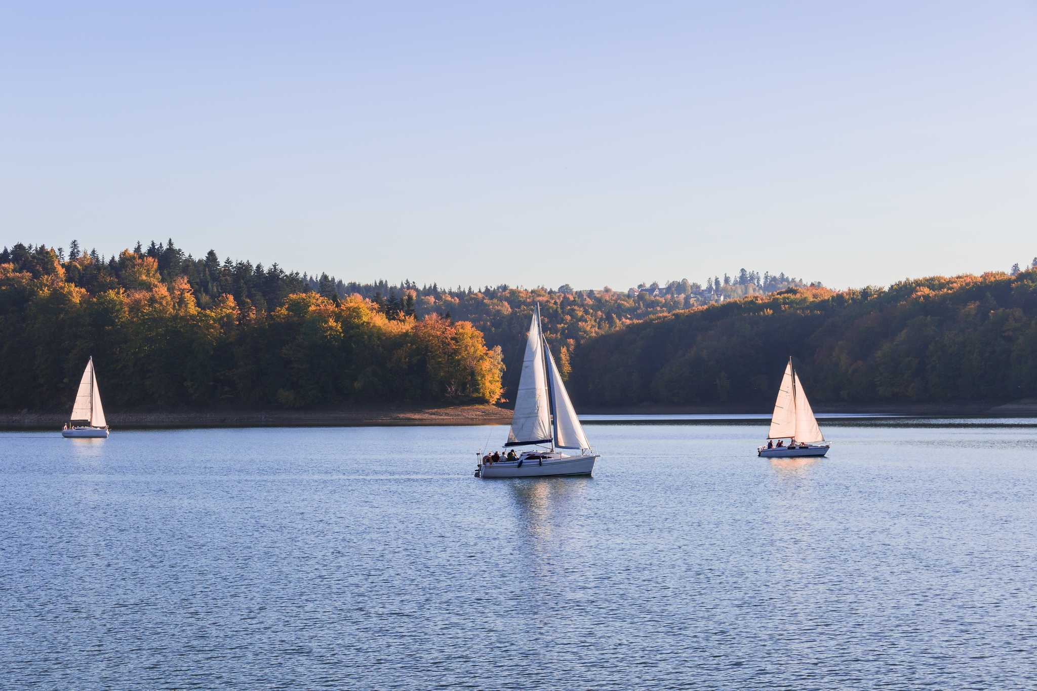 Three sailboats sail on the lake on a sunny day with forests in the background.