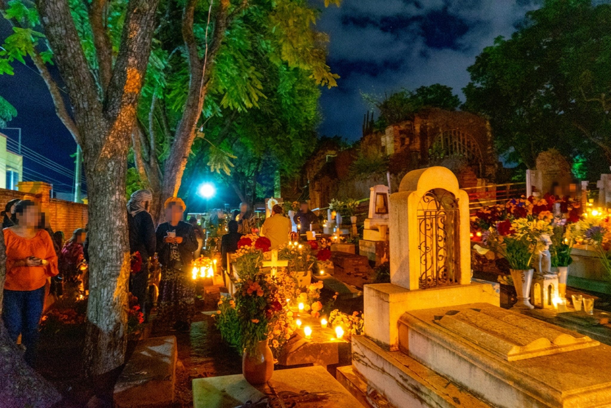 Candlelit graves and flowers in the old cemetery of Xoxocotlán, Oaxaca, at night
