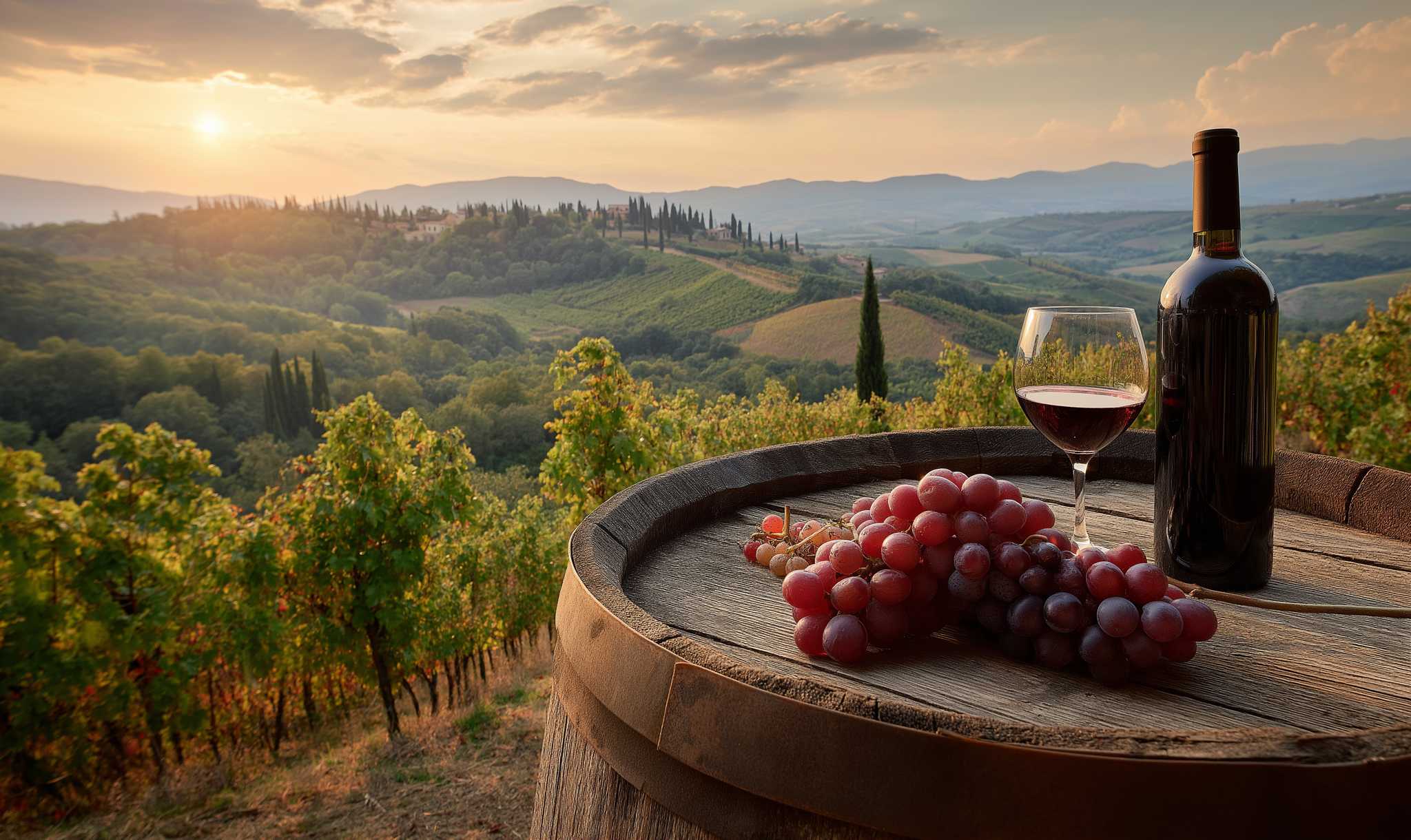 Red wine and grapes atop a barrel overlooking a vineyard at sunset.