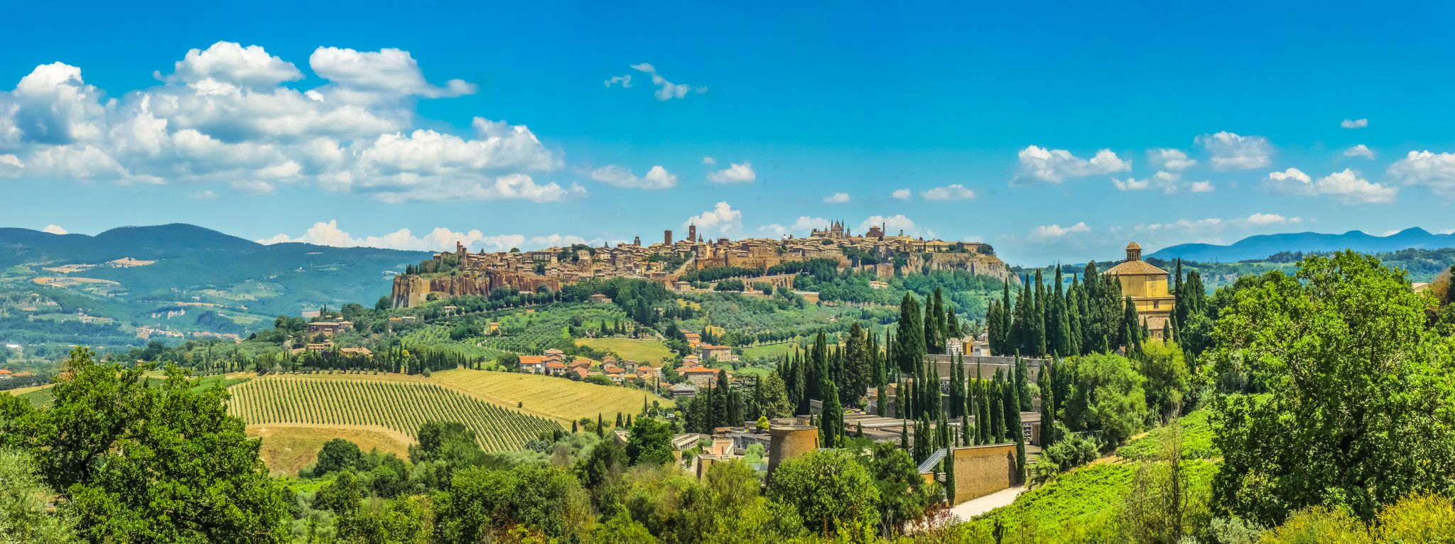 Hilltop town of Orvieto rising above the Umbrian countryside with vineyards and cypress trees.