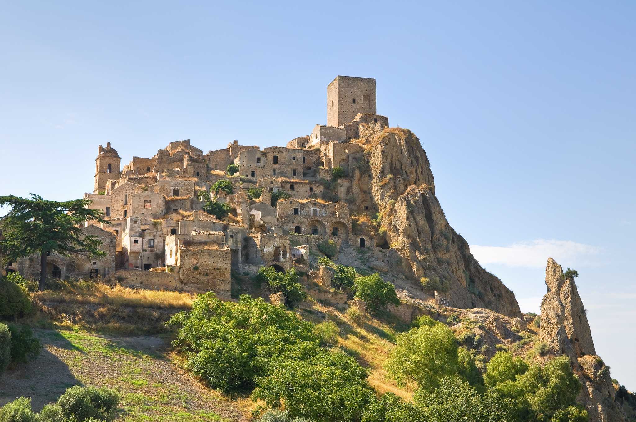 The abandoned hilltop village of Craco perched on its rocky crag.