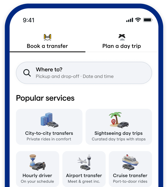 Interface do aplicativo móvel Daytrip para gerenciar transferências privadas e guias da cidade - Tela Inicial