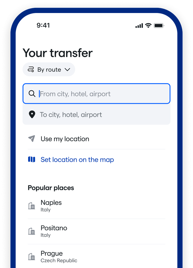 Interface do aplicativo móvel Daytrip para gerenciar transferências privadas e guias da cidade - Tela de seleção de rota