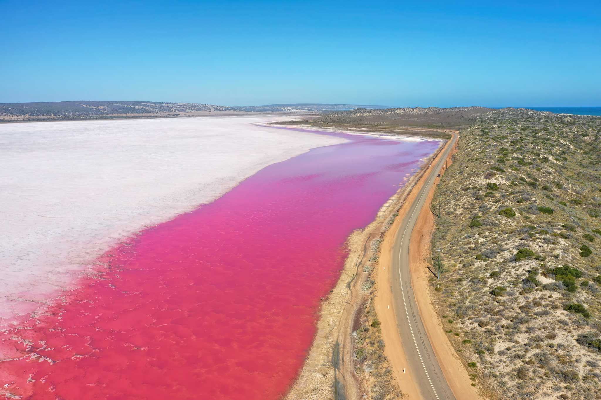 Des teintes changeantes d'eau rose couvrent ce lac salé, créant un spectacle surréaliste à quelques pas de la côte.