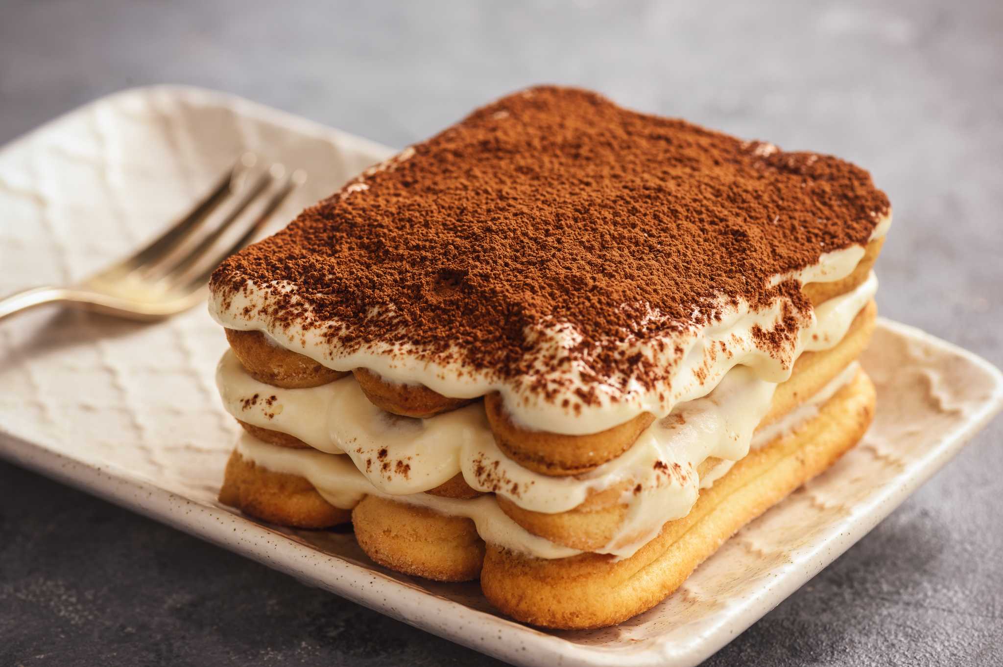 Square serving of tiramisu on a white rectangle plate with a fork.
