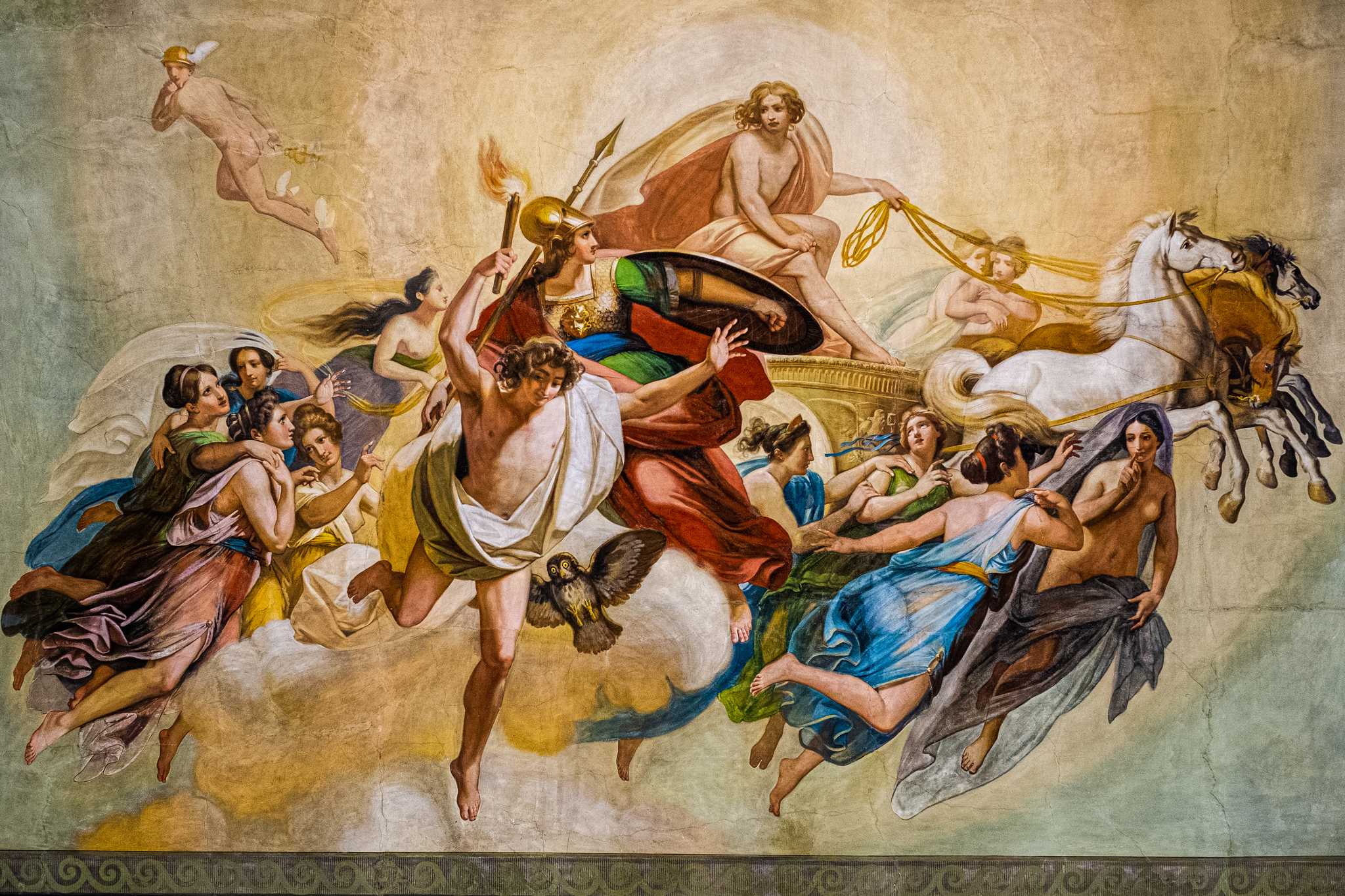 Fresco of “Apollo and Other Gods” with Apollo in a horse-drawn chariot surrounded by other gods.