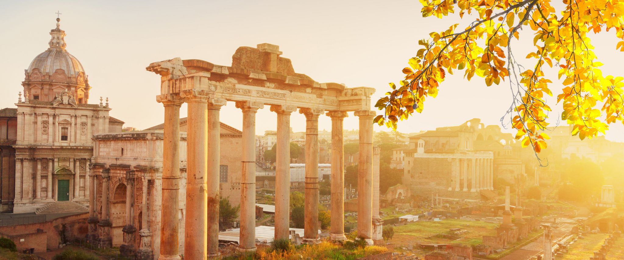 The Roman Forum's ancient columns at golden sunset, framed by fall leaves overhead.