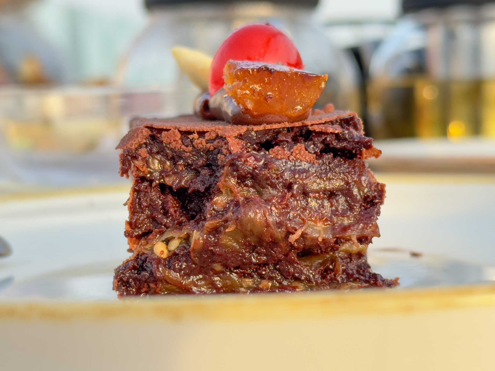 Melanzane al cioccolato, a rich layered dessert of chocolate and fried eggplant.