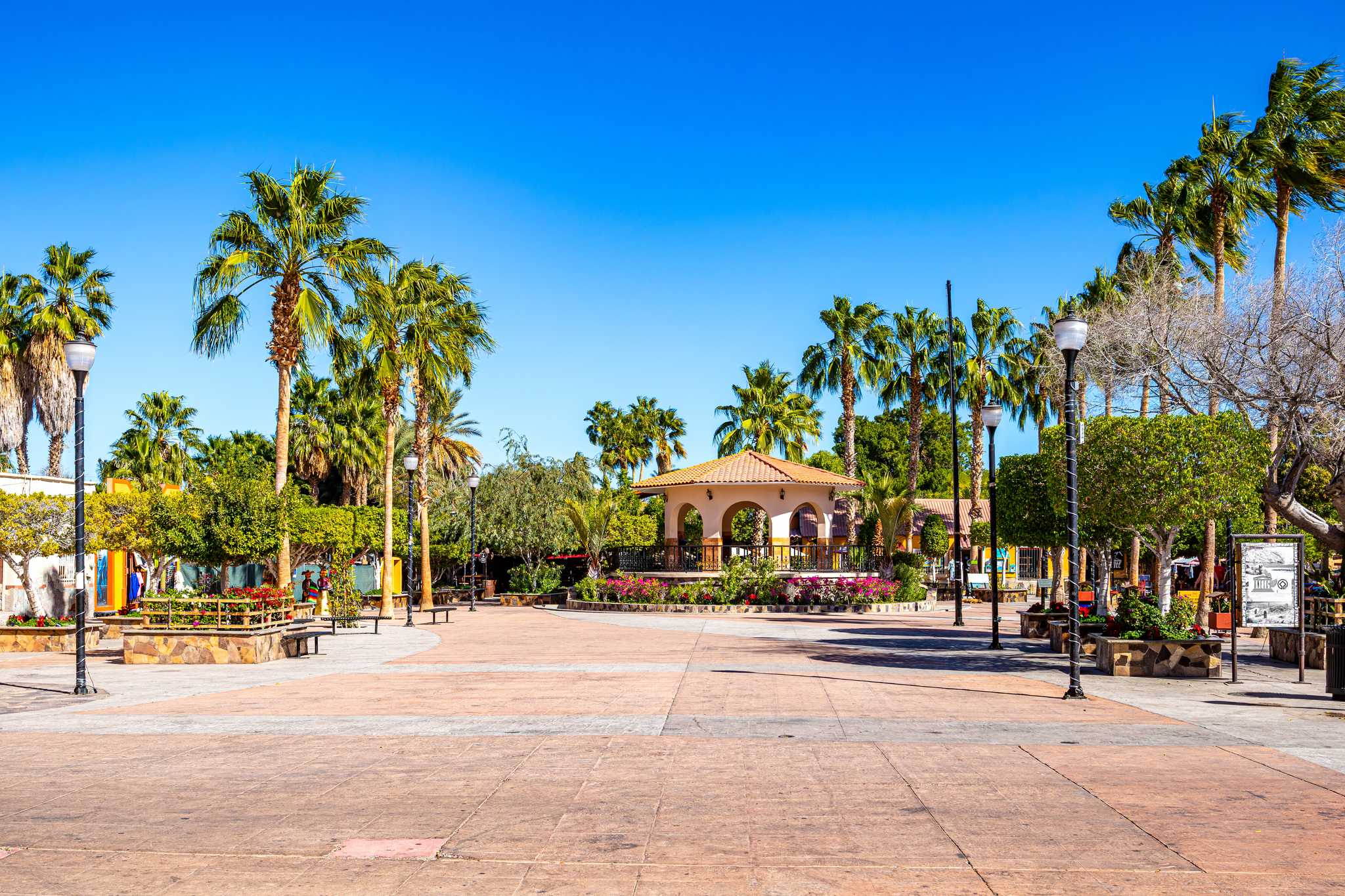 Sunny day in a palm-tree-lined square in Loreto, Mexico, centered around a gazebo.