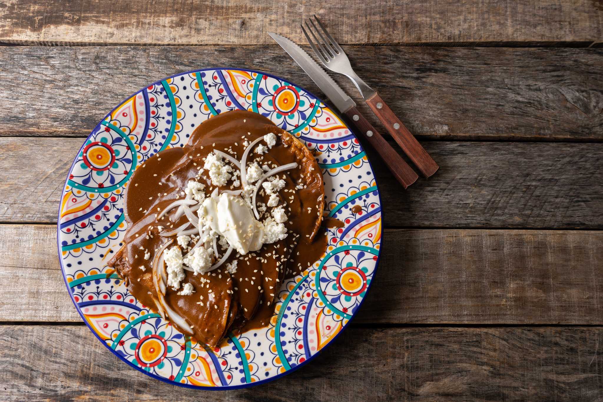 Deep brown mole sauce over enchiladas on a colorful plate on a wooden table.