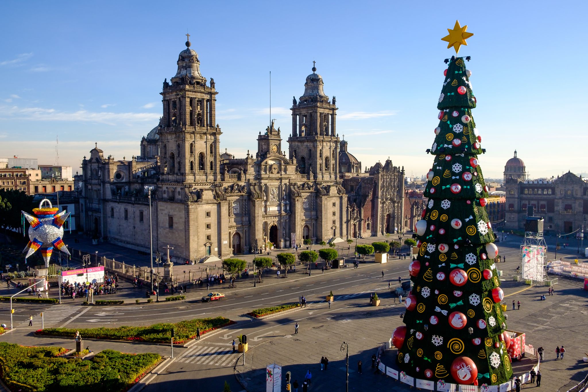 Zócalo’s cathedral, with a massive decorated Christmas tree in front.