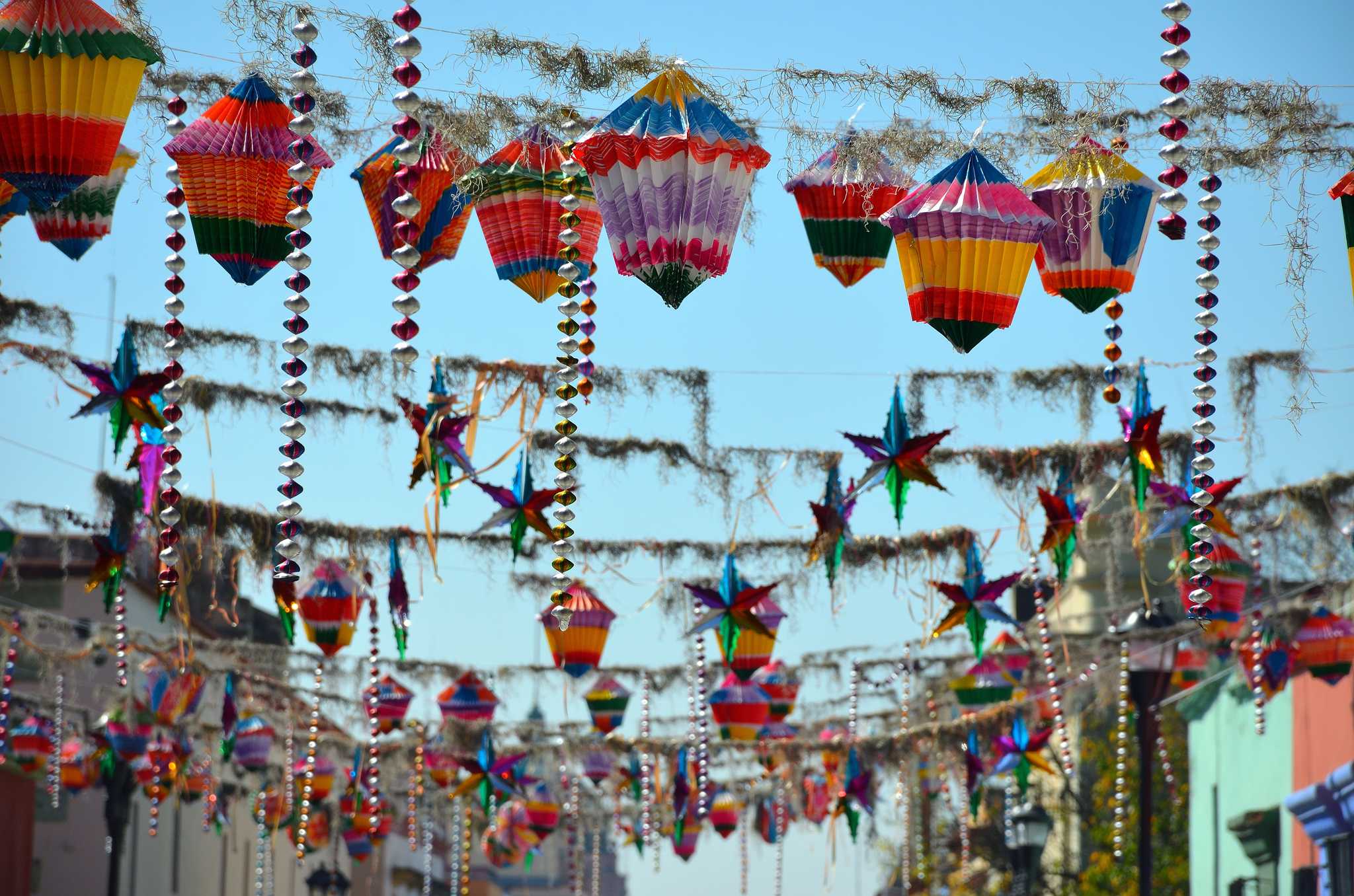 Holiday garlands with stars and paper lanterns in Oaxaca, Mexico.
