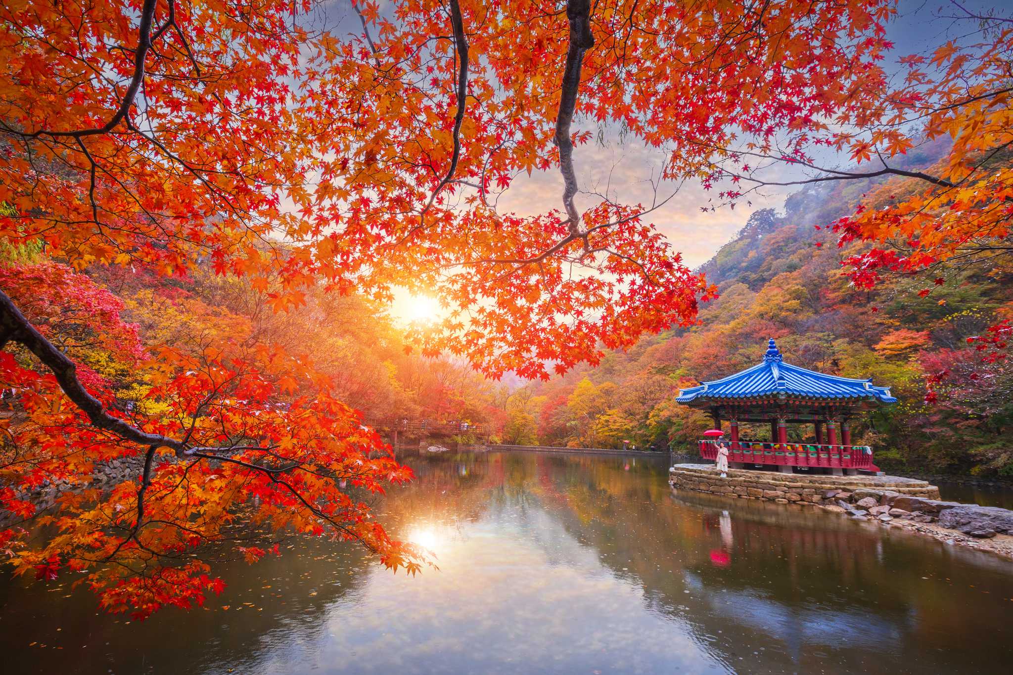 Light shines through bright red maple leaves that overlook a lake and a gazebo.