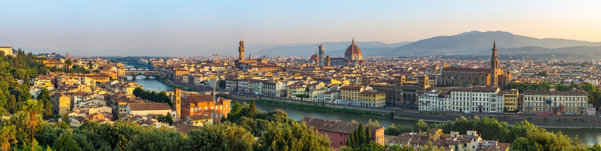 Panorama of Florence skyline featuring the Duomo and mountains in the background.