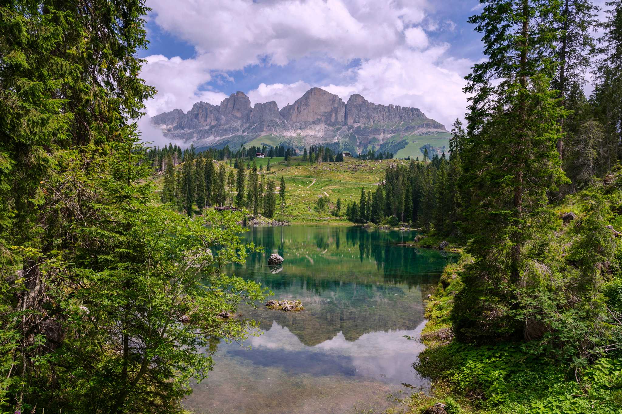 Alpine lake with Dolomites peaks beyond, shot through trees.