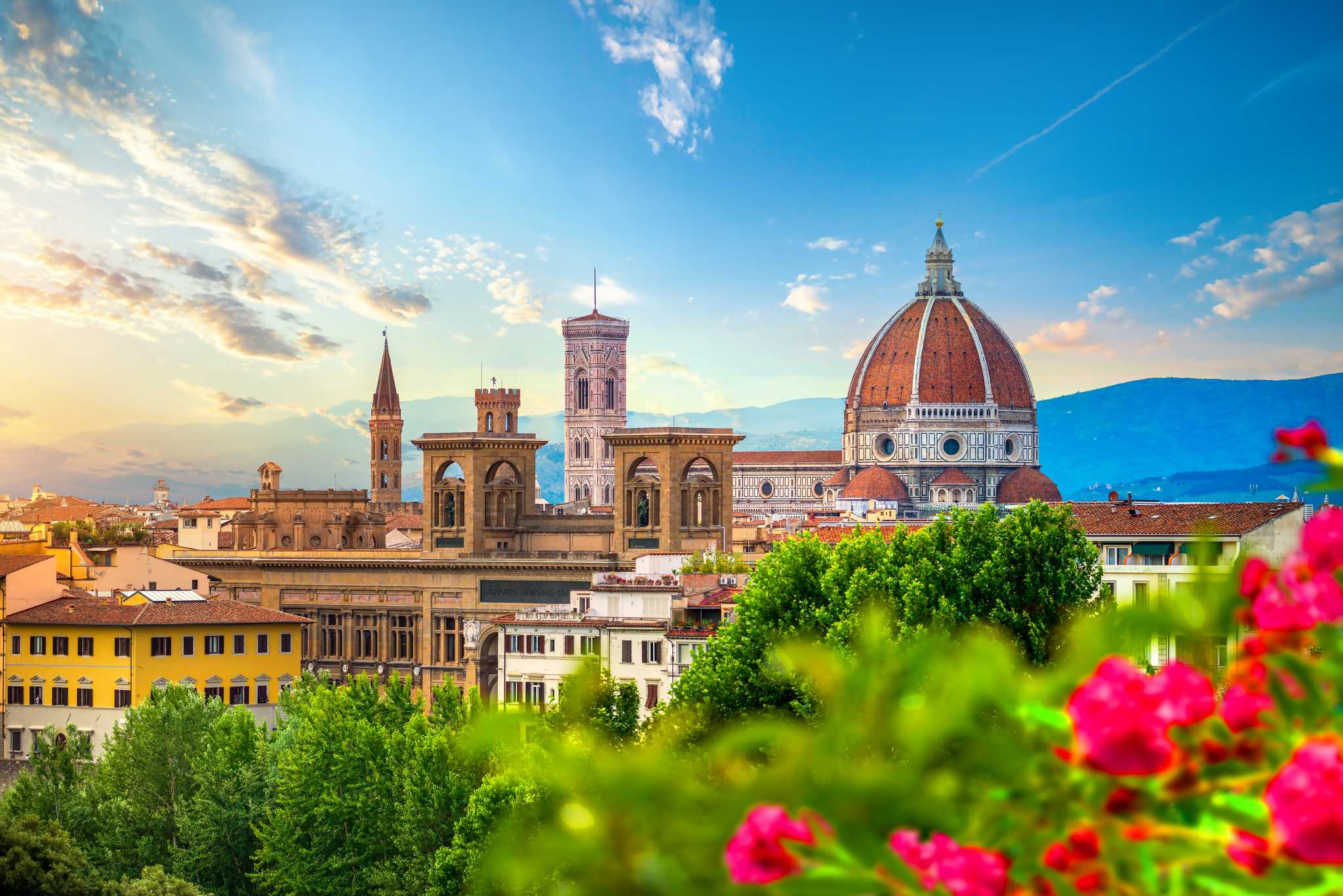 Florence skyline framed by blooming red flowers, focused on the red-roofed Duomo.