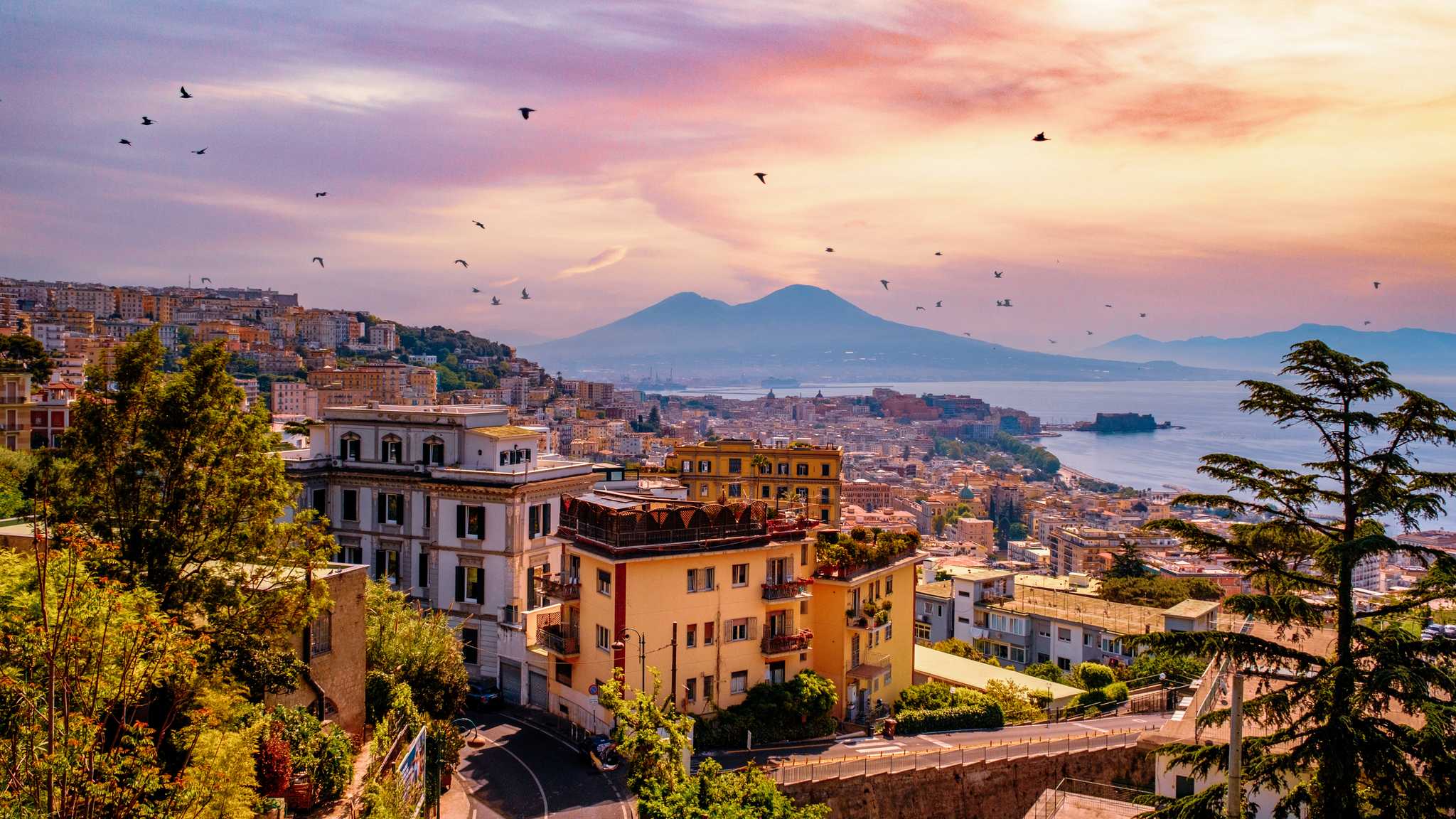 Naples at sunset with pink clouds over the bay and birds flying over, Mount Vesuvius in the background.
