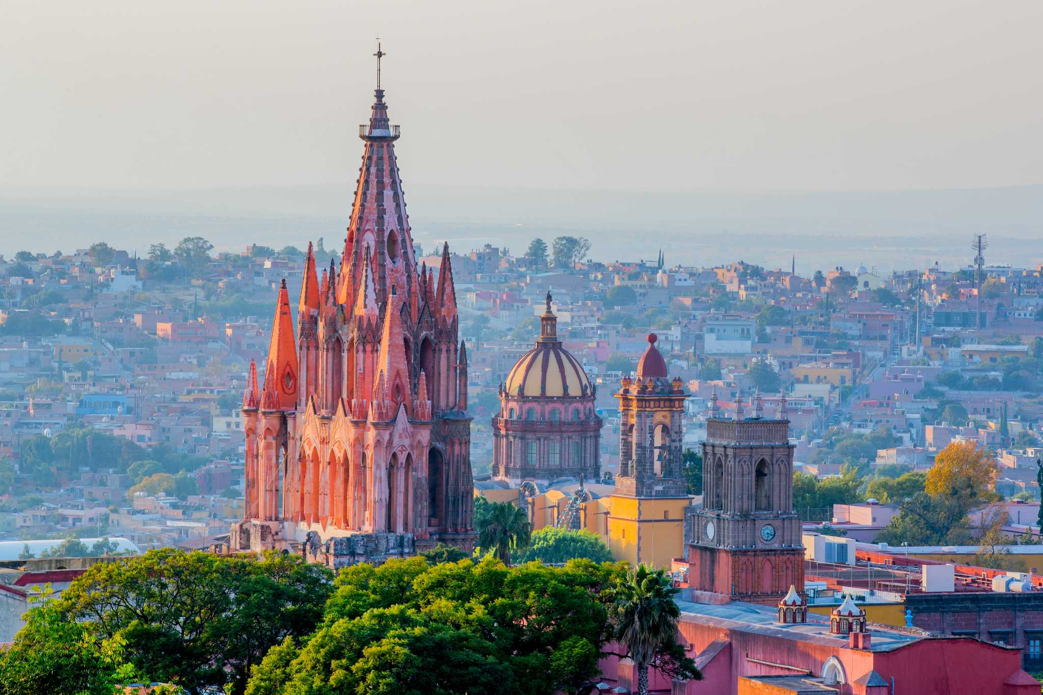 San Miguel de Allende’s iconic pink Neo-Gothic church overlooking the city.
