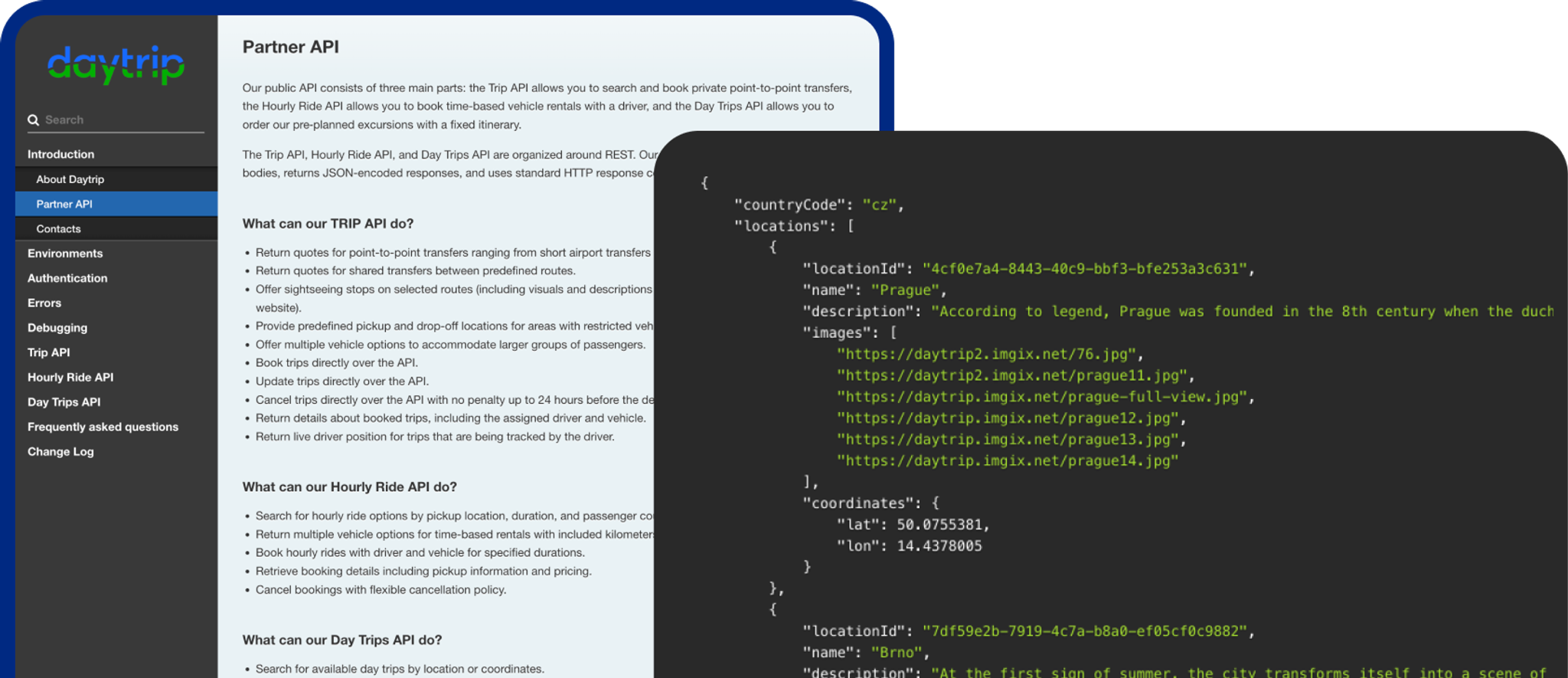 The Daytrip Partner API documentation beside a sample locations response