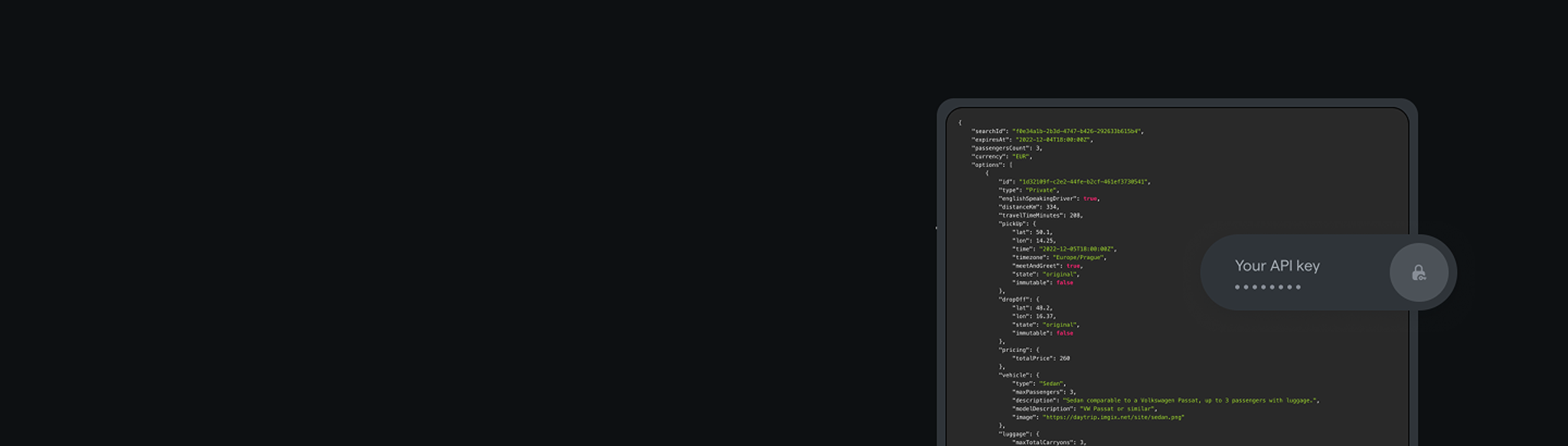 A Daytrip API search response in a code editor, beside an API key field