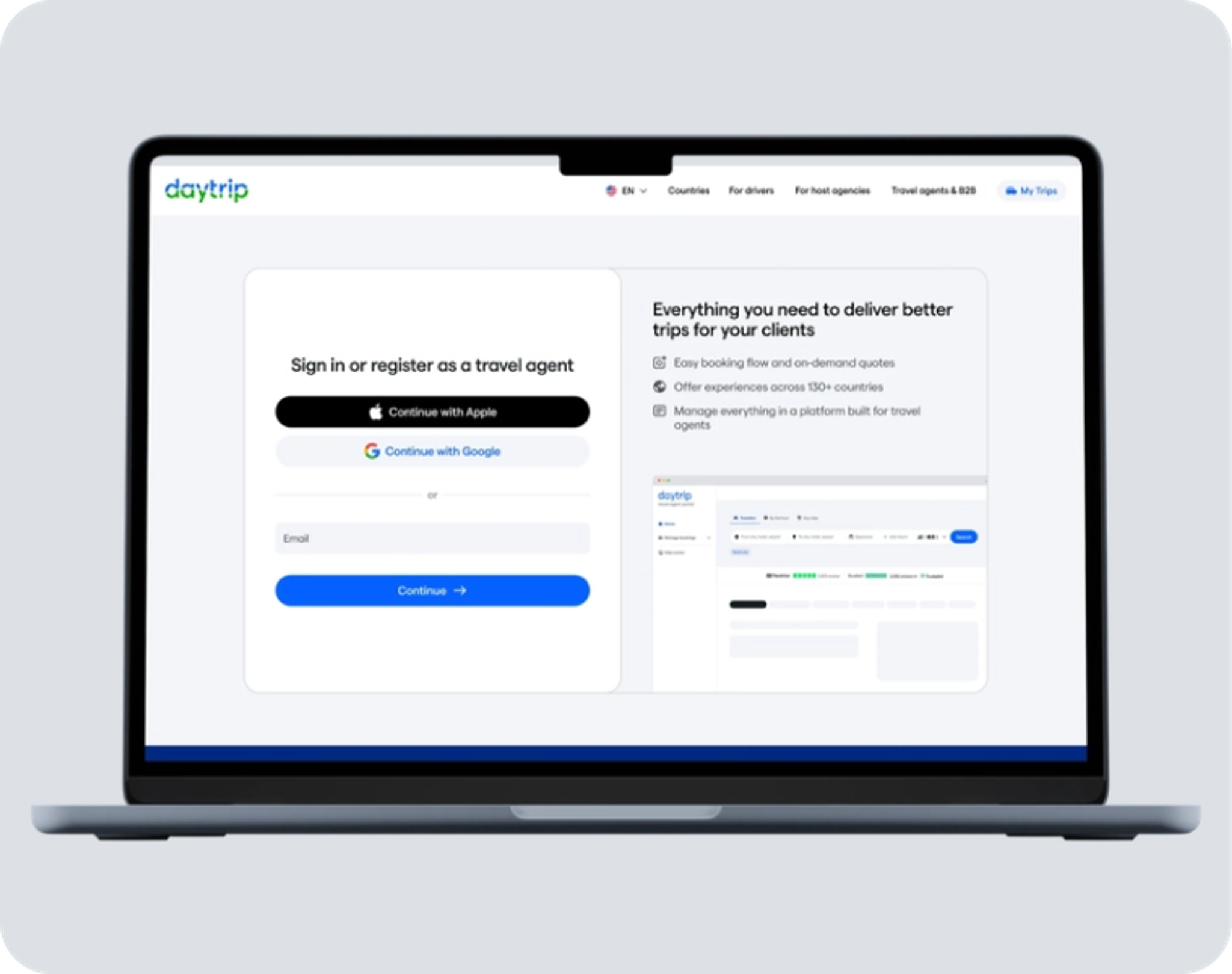 The Travel Agent Portal sign-in form, with Apple, Google and email options