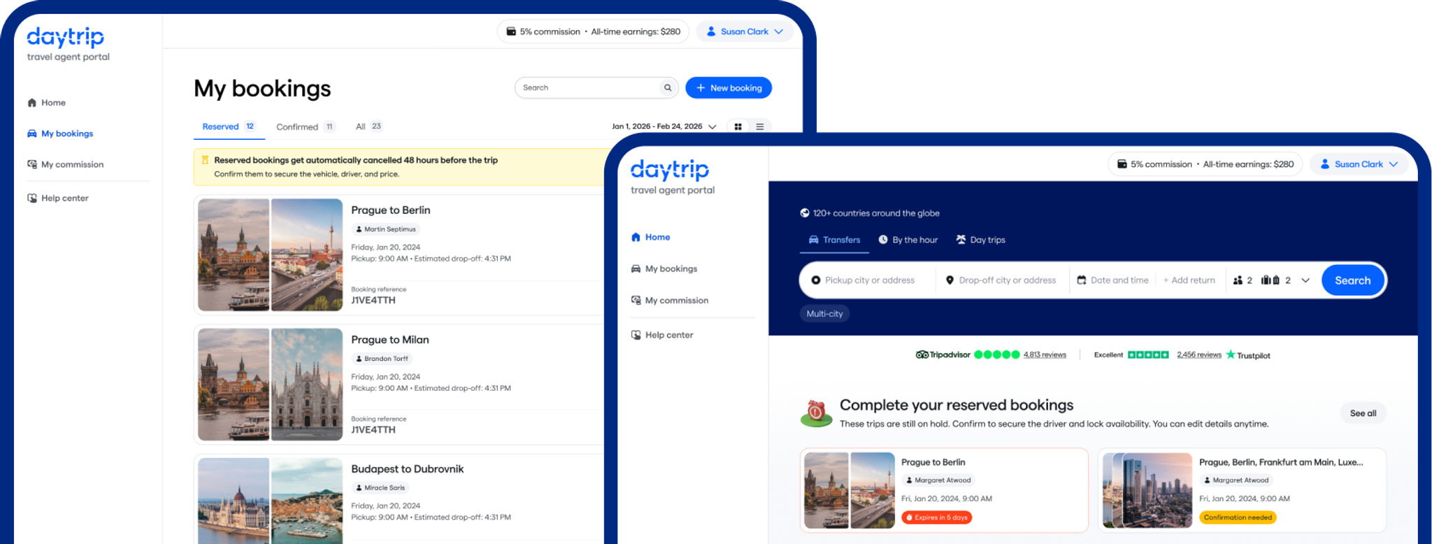 The Travel Agent Portal: the My bookings list of reserved trips, and the home page search for a private transfer