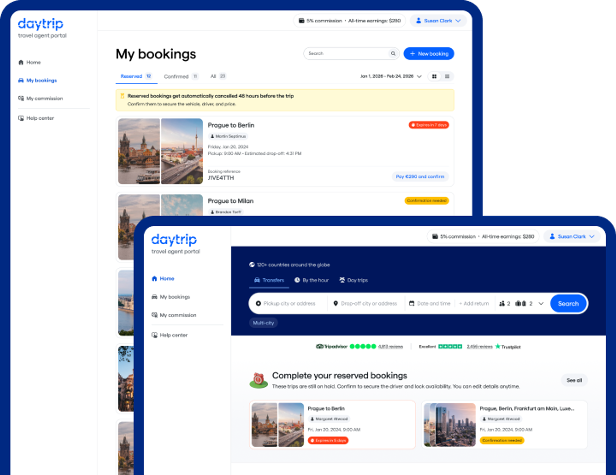 The Travel Agent Portal: the My bookings list of reserved trips, and the home page search for a private transfer