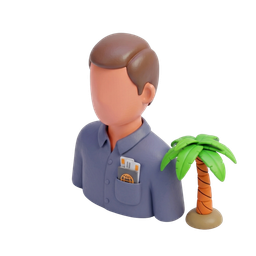 A travel agent with tickets in his shirt pocket, next to a palm tree