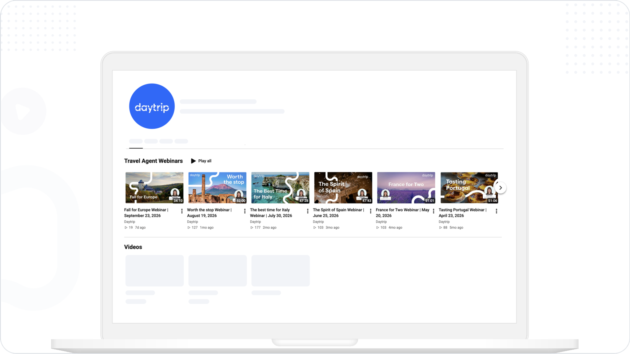 Daytrip's YouTube channel with the Travel Agent Webinars playlist