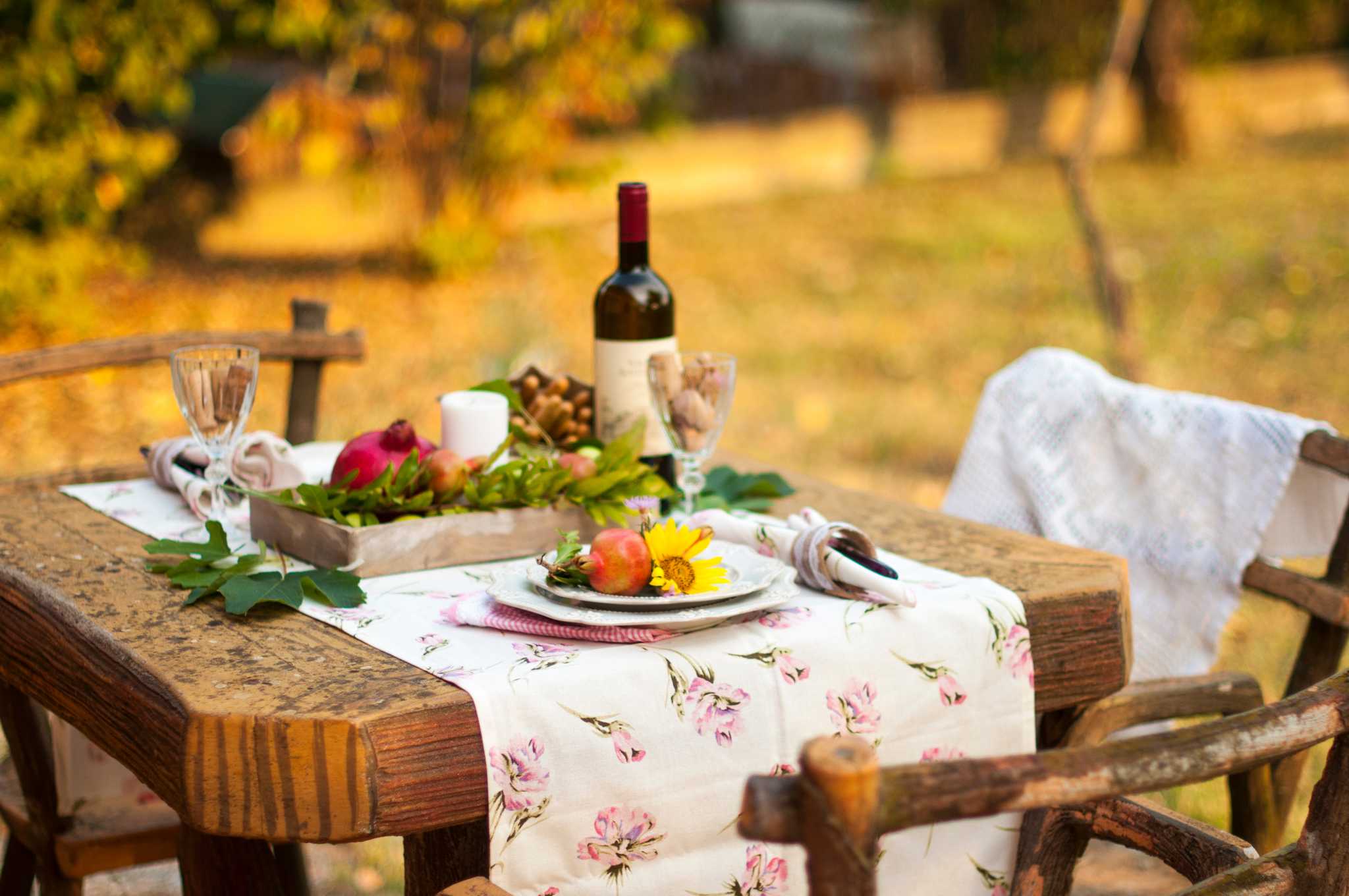Tuscan wine and cheese on a table in a sunny vineyard.